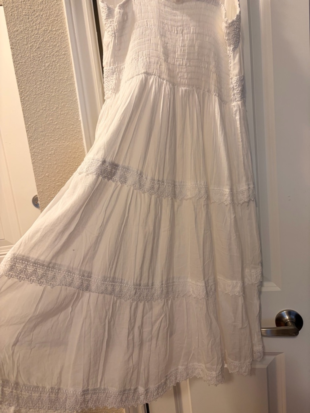 White Cotton Boho Tiered Maxi Dress with Lace Trim - Picture 2 of 8